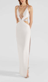 ÄRMELLOSES MAXIKLEID MIT STRASS-TRÄGERN IN WEISS